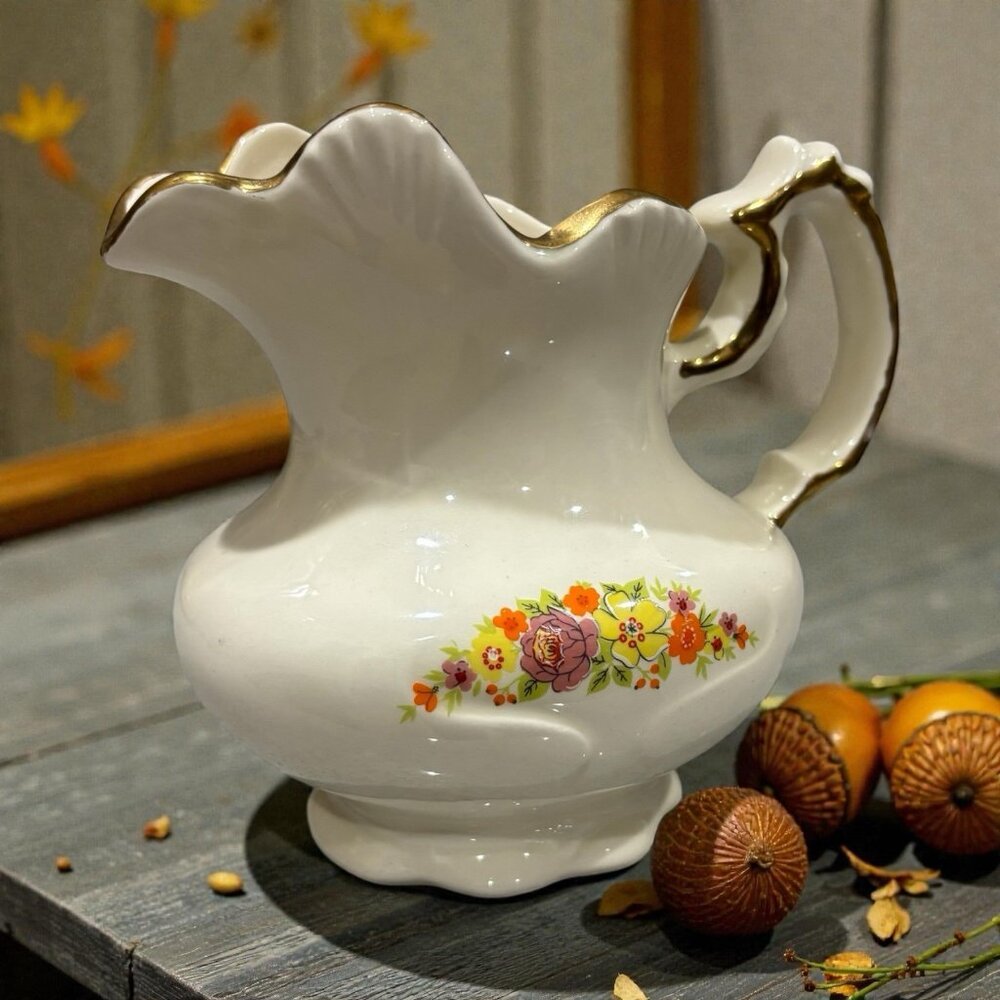 Vintage 5.5” Pitcher Vase Decor White Gold Fall Floral Orange Shelf Sitter Gift